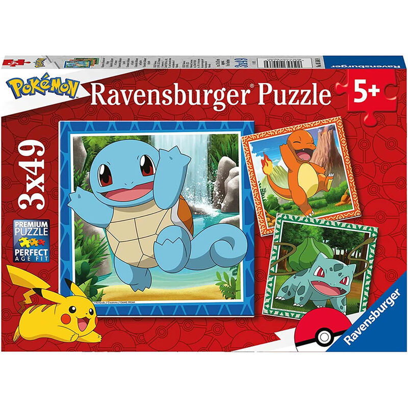 Ravensburger puzle - pokémon: charmander, bulbasaur y squirtle 3x49 piezas