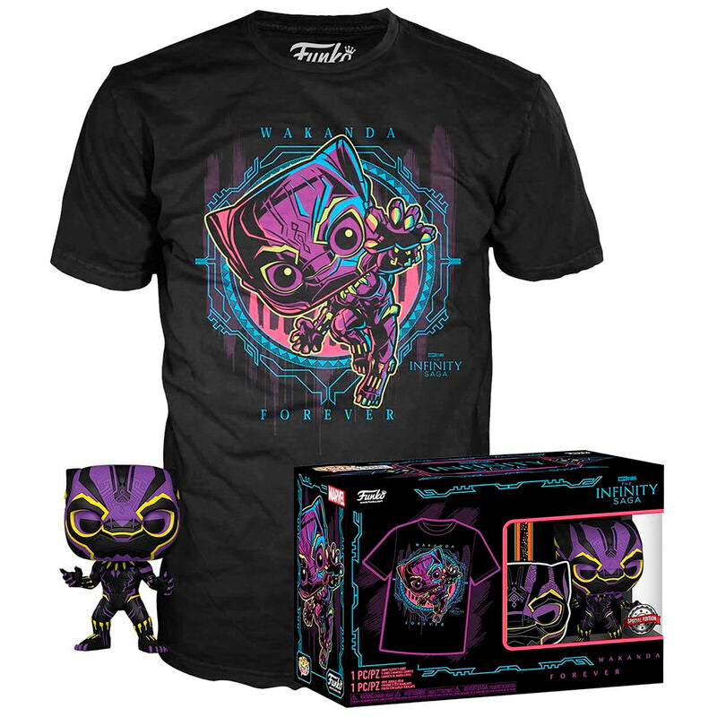 Funko pop! black panther (black light) exclusivo + camiseta talla m black panther