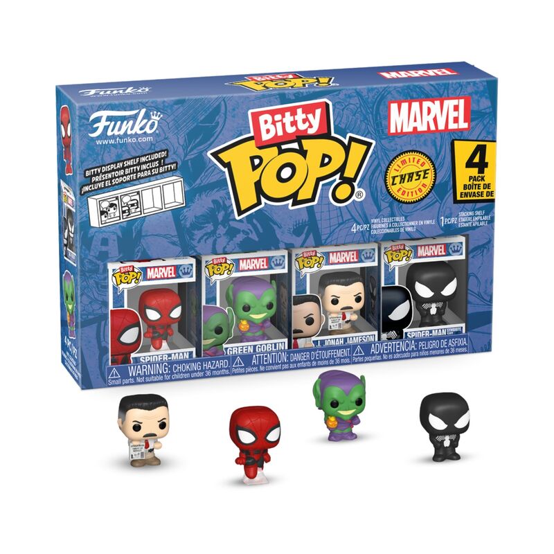 Funko bitty pop! marvel: spider-man - spider-man (traje de "lejos de casa"), duende verde, j. jonah jameson y spider-man (traje de simbionte)