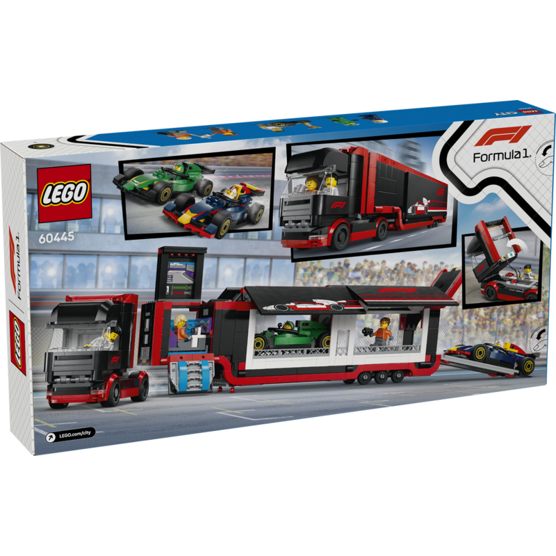 Lego city - camión de f1 con coches de f1 rb20 y amr24