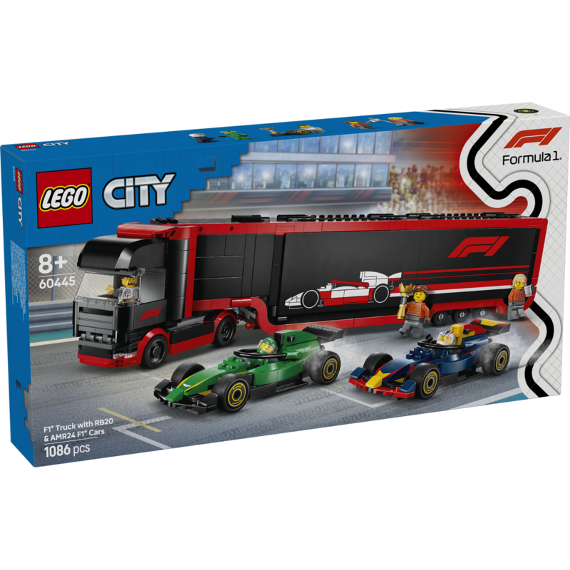 Lego city - camión de f1 con coches de f1 rb20 y amr24