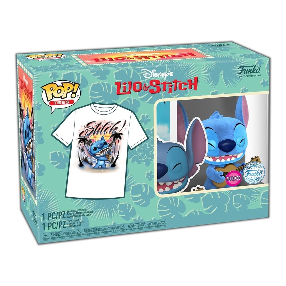 Funko pop! disney lilo y stitch - stitch con ukelele (flocked) special edition + camiseta talla xl