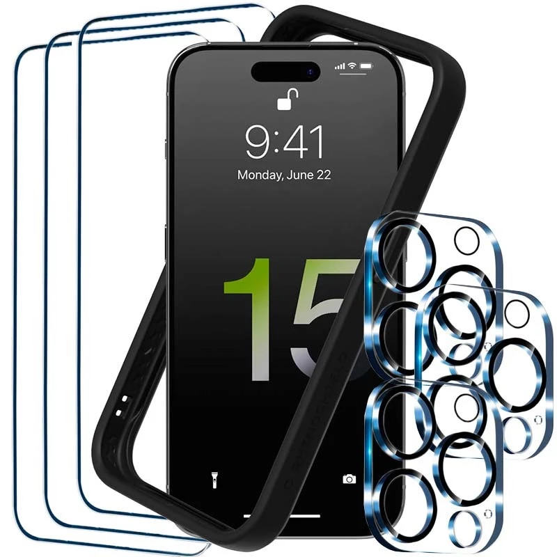 Pack de Accesorios iPhone 15 Pro con 3 Protectores de pantalla + 3 Protectores de cámara + Funda Bumper